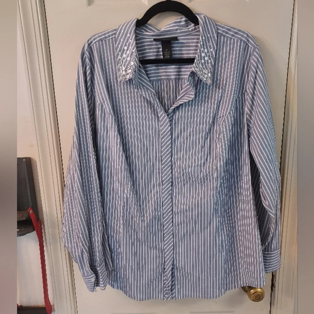 Lane Bryant Striped Embellished Collar Button Up Long Sleeve Blouse in Size 24